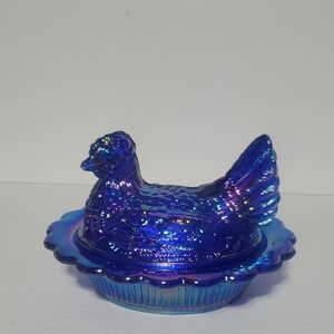 Iridescent Blue Carnival Glass Hen on Nest Dish~large